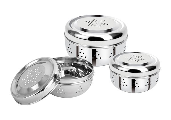 Picture of RATNA Stainless Steel Exclusive Hole Puri Dabba/Storage Container, 3 Piece, Silver (Hole Puri Dabba 7 * 9)